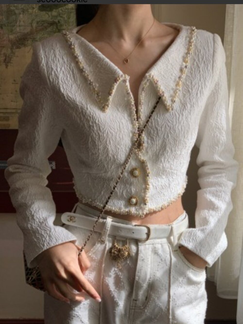 Seooocookie Maria Handmade Pearl Jacket Size Small Crop Cream Feminine K-Fashion